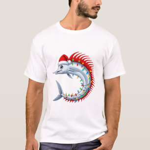 Camiseta Luzes de Chapéu de Papai Noel de Peixe-Remo Natal 