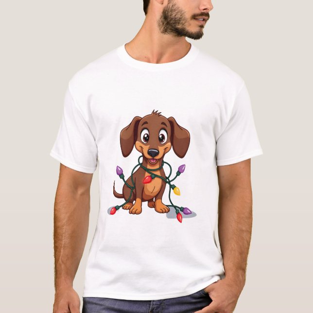Camiseta Luzes de Dachshund de Natal (2) (Frente)