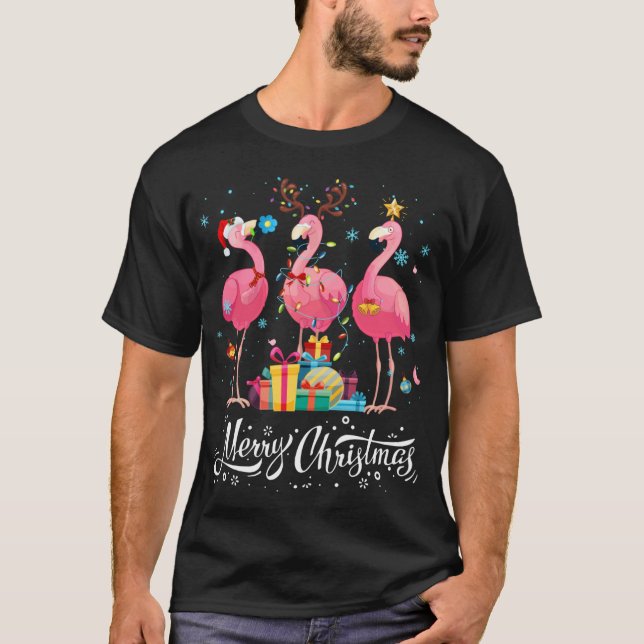 Camiseta Luzes de Flamingo Engraçado Chapéu do Papai Noel S (Frente)