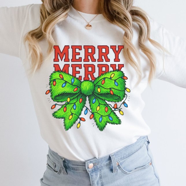 Camiseta Luzes de Natal Alegre Alegre Laço Verde Feriado (Merry Merry Christmas Sweatshirt Green Bow with Christmas lights. Festive Gift for her, mom)