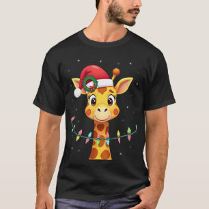 Camiseta Luzes de Natal da Girafa Fofa Chapéu do Papai Noel