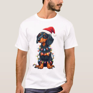 Camiseta Luzes de Natal Dachshund Chapéu de Papai Noel Amor