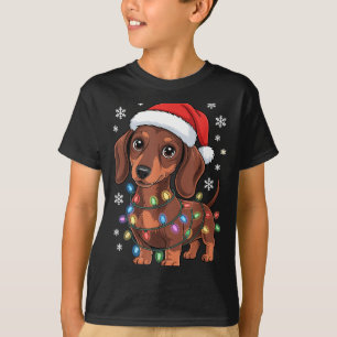 Camiseta Luzes de Natal Dachshund Chapéu de Papai Noel Cach
