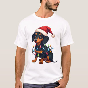 Camiseta Luzes de Natal Dachshund Chapéu de Papai Noel Xmas