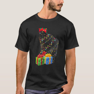 Camiseta Luzes de Natal de árvore de Natal do gato preto co