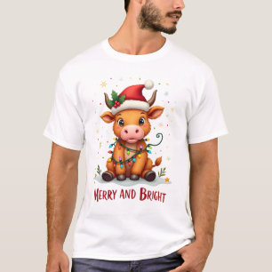 Camiseta Luzes de Natal de Bebê Vaca das Terras Altas Fofas