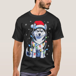 Camiseta Luzes de Natal de Cachorro Husky Chapéu de Papai N