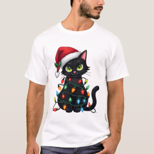 Camiseta Luzes de Natal de Gato Preto Chapéu de Papai Noel 