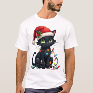 Camiseta Luzes de Natal de Gato Preto Chapéu de Papai Noel 