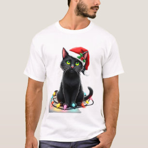 Camiseta Luzes de Natal de Gato Preto Chapéu de Papai Noel 