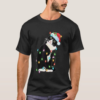 Camiseta Luzes de Natal de Gato Preto Chapéu Divertido de P