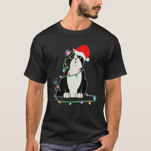 Camiseta Luzes de Natal de Gato Smoking  Gato  Chapéu de Na