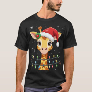 Camiseta Luzes de Natal de Girafa Fofa Chapéu do Papai Noel