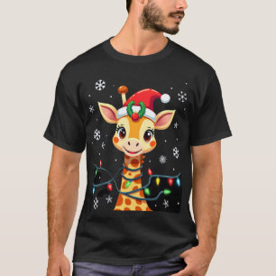 Camiseta Luzes de Natal de Girafa Fofa Chapéu do Papai Noel