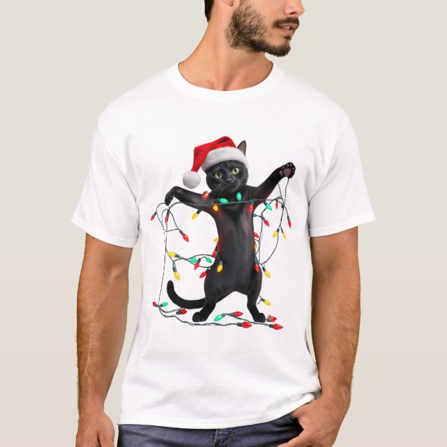 Camiseta Luzes de Natal do Gato de Natal (Frente)