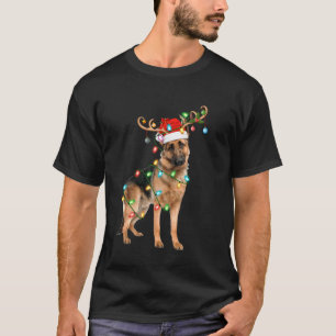 Camiseta Luzes de Natal do Pastor Alemão Rena Chapéu do Pap