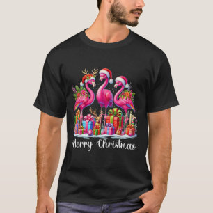 Camiseta Luzes de Natal Feliz Flamingo Chapéu do Papai Noel