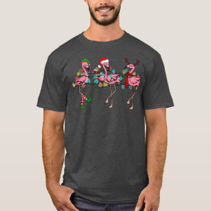 Camiseta Luzes de Natal Flamingo Rosa Chapéu do Papai Noel