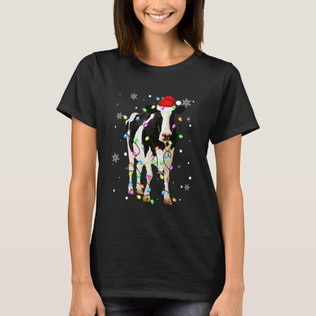 Camiseta Luzes de Natal Lindas Xmas Santa Hat Vaca Dairy An (Frente)