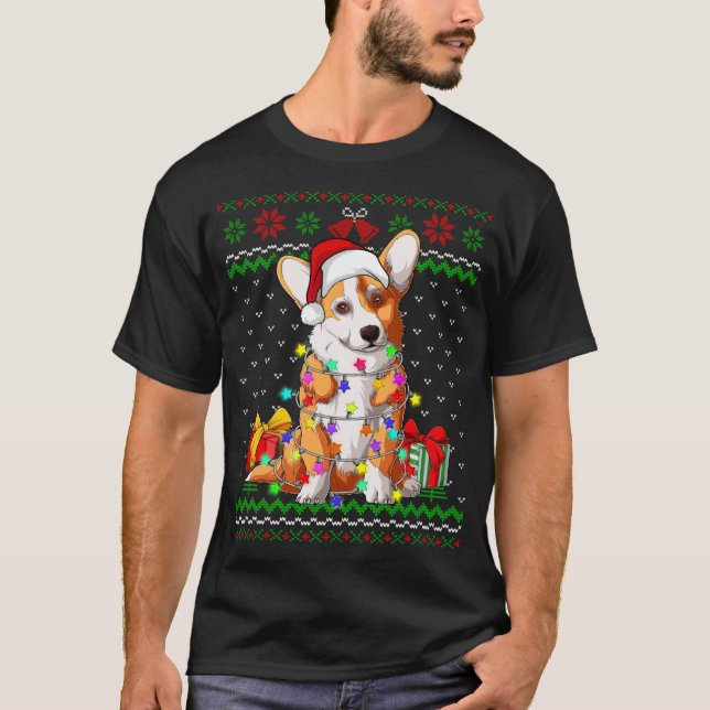 Camiseta Luzes de Natal muito suculentas Corgi Cachorro (Frente)
