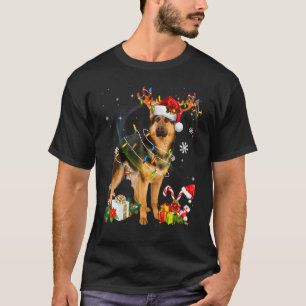 Camiseta Luzes de Natal Pastor Alemão Rena do Papai Noel Fa