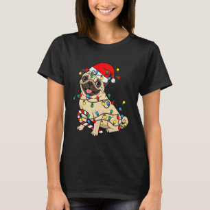 Camiseta Luzes de Natal Pug Fofa Papai Noel de Pijama Pet X