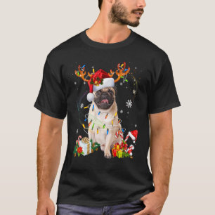 Camiseta Luzes de Natal Pug Rena Santa Cão Xmas