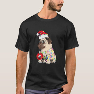 Camiseta Luzes de Pug de Natal Enfeites de Chapéu de Papai 