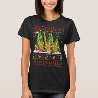 Camiseta Luzes Xmas Sweater Estilo Feio Papais noeis Saxofo