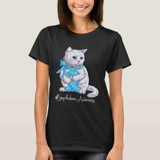 Camiseta Lymphedema Awareness Month Light Blue Ribbon Cat (Frente)