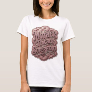 Camiseta Mãe Professora Super-HeroÃna Design Moderno Rosa