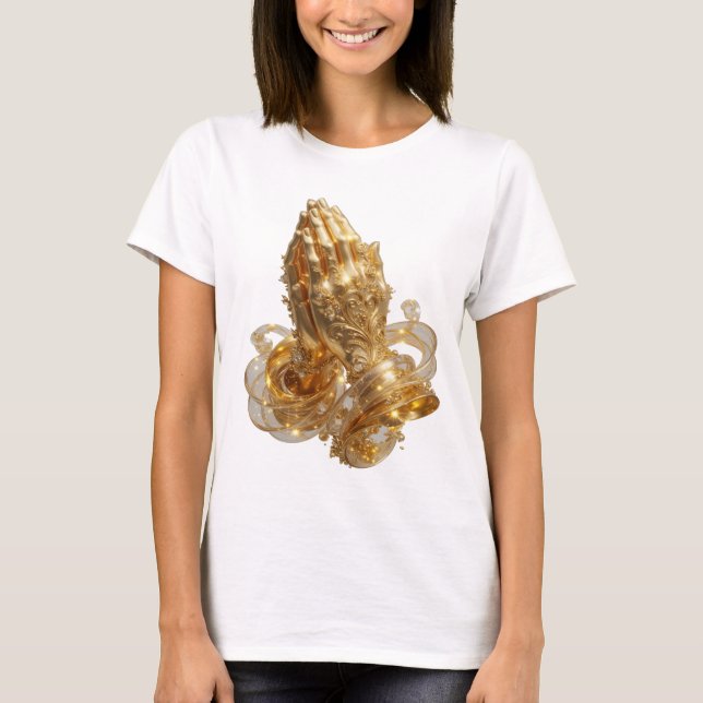 Camiseta MÃ£os em OraÃ§Ã£o em Ouro Resfriado (Frente)