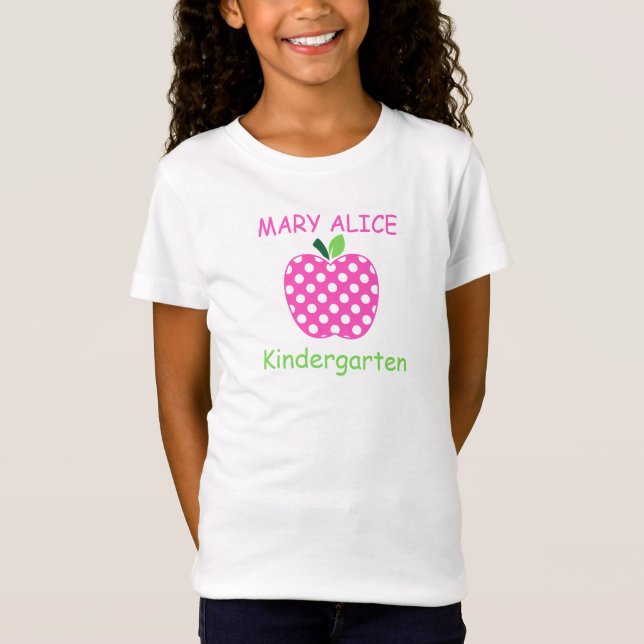 Camiseta Maçã de Professora com Pontinhos Rosa e Verde para (Frente)