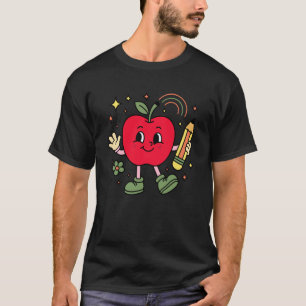 Camiseta Maçã Escolar Retro com Rosto e Caneta de Professor