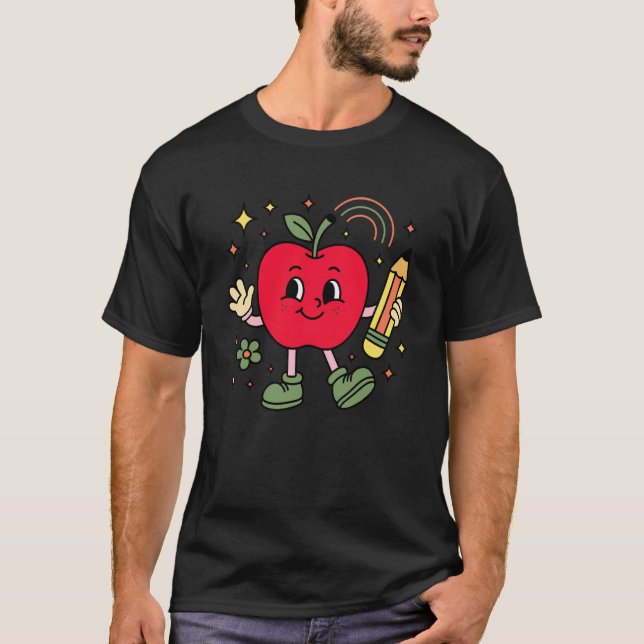 Camiseta Maçã Escolar Retro com Rosto e Caneta de Professor (Frente)