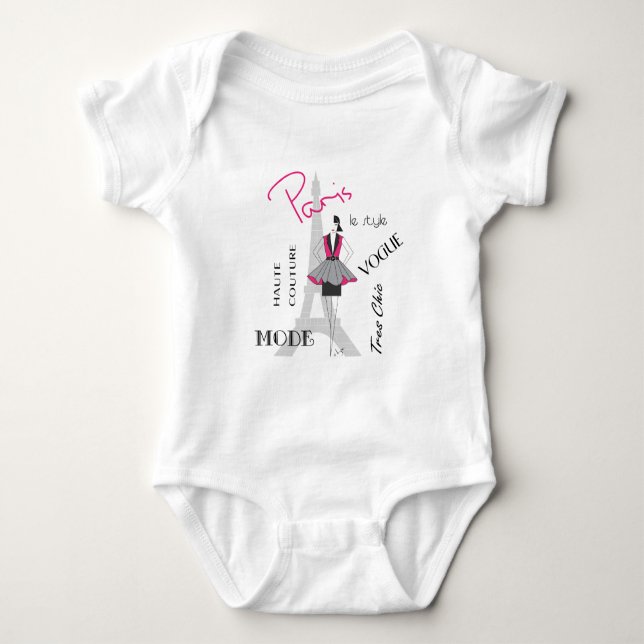 Camiseta Macacão de Bebê Moda Torre Eiffel de Paris (Frente)