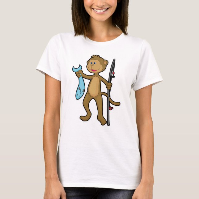 Camiseta Macaco a pescar com cana de pesca e peixe (Frente)