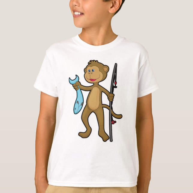 Camiseta Macaco a pescar com cana de pesca e peixe (Frente)