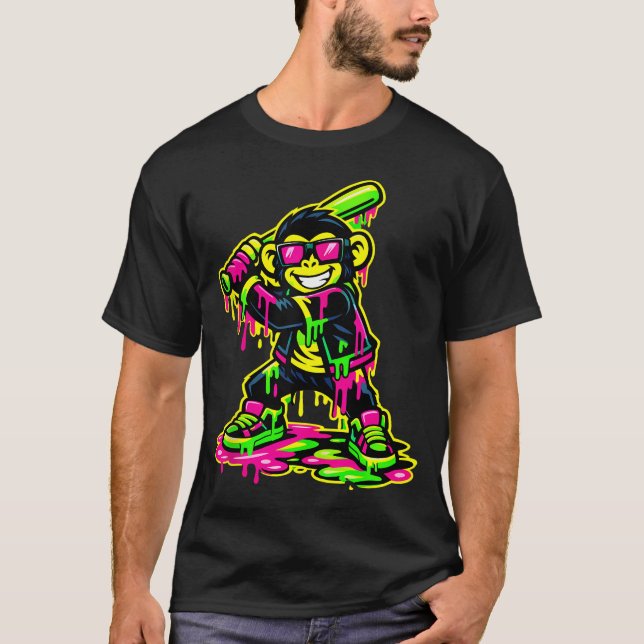 Camiseta Macaco Animais Engraçados Beisebol Drip Jovens Rap (Frente)