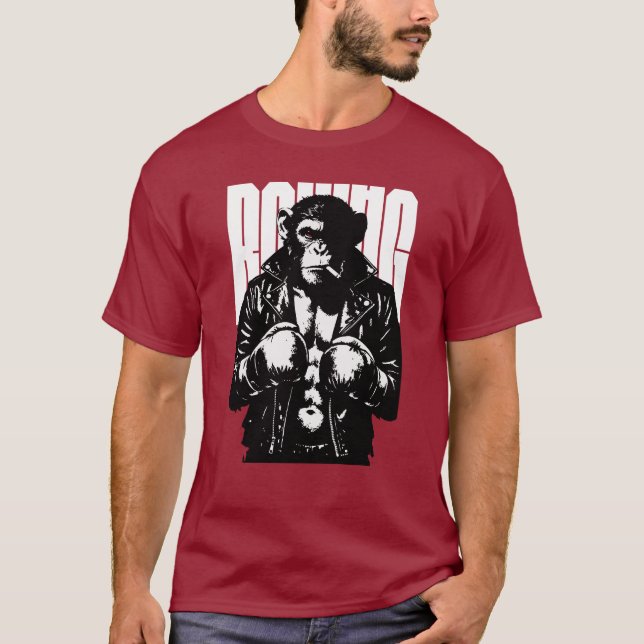 Camiseta Macaco Boxeador Macaco Rebelde em Jaqueta de Couro (Frente)