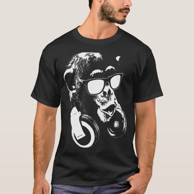 Camiseta Macaco Chimp Com Fones de ouvido E Óculos De Sol (Frente)