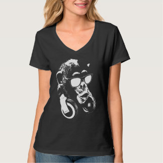 Camiseta Macaco Chimpanzé Com Fones de Ouvido e Óculos de S