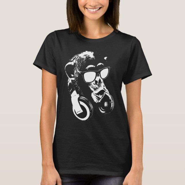 Camiseta Macaco Chimpanzé Com Fones de Ouvido e Óculos de S (Frente)