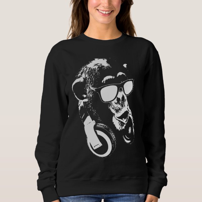 Camiseta Macaco Chimpanzé Com Fones de Ouvido e Óculos de S (Frente)