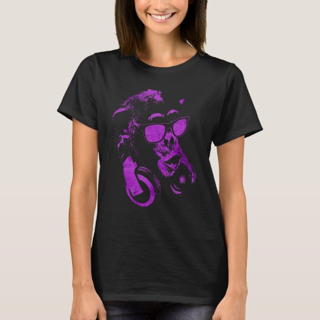 Camiseta Macaco Chimpanzé Com Óculos De Sol E Fones de ouvi (Frente)