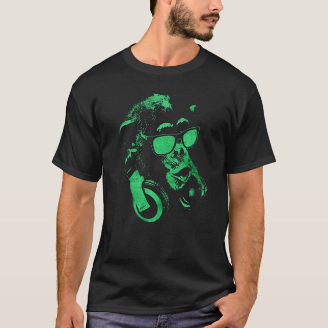 Camiseta Macaco Chimpanzé Com Óculos De Sol E Fones de ouvi (Frente)