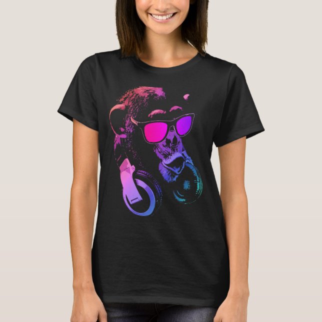 Camiseta Macaco Chimpanzé Com Óculos De Sol E Fones de ouvi (Frente)