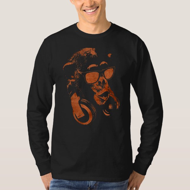 Camiseta Macaco Chimpanzé Com Óculos De Sol E Fones de ouvi (Frente)