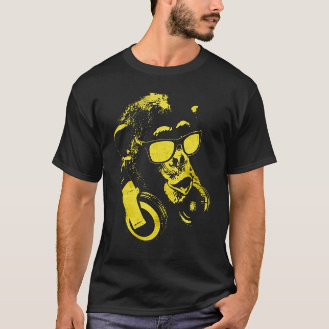 Camiseta Macaco Chimpanzé Com Óculos De Sol E Fones de ouvi (Frente)