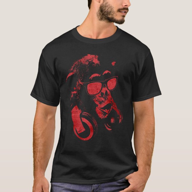 Camiseta Macaco Chimpanzé Com Óculos De Sol E Fones de ouvi (Frente)